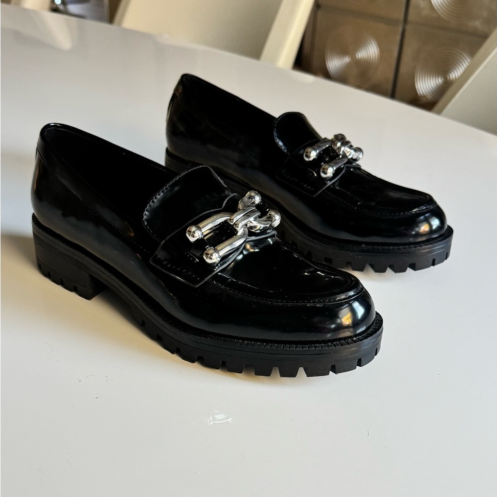 Zara Glossy Black Loafers with Silver Detail